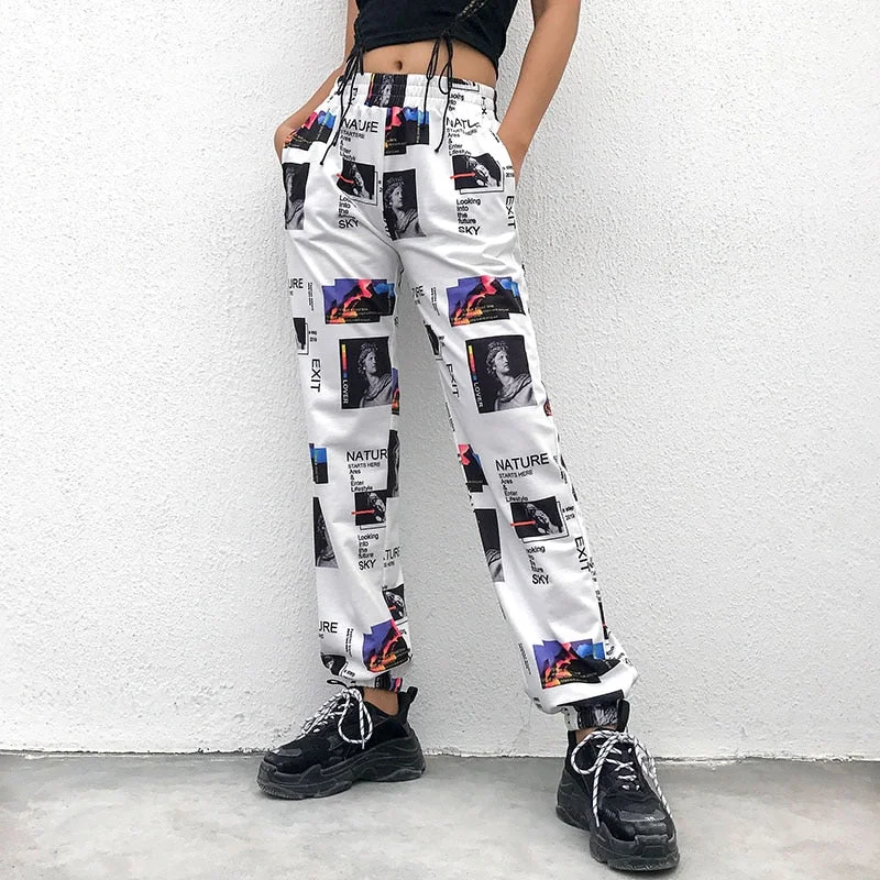 SUCHCUTE Cargo Pants Women With Print Wide Leg Trousers High Street Punk Female Breeche Harajuku Harem Pant Pantalon Cargo Femme Trousers Office Stylish