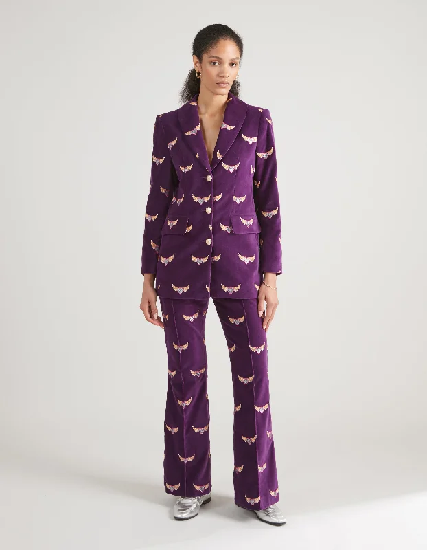 Kelly Purple Flying Hearts Embroidered Velvet Trousers Trousers Handmade Artisanal