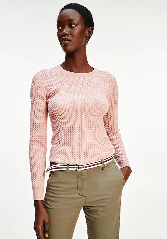 Tommy Hilfiger Women’s Fine Knit Twist-Ribbed Crewneck Jumper, Pink Oversized Loose Flowy