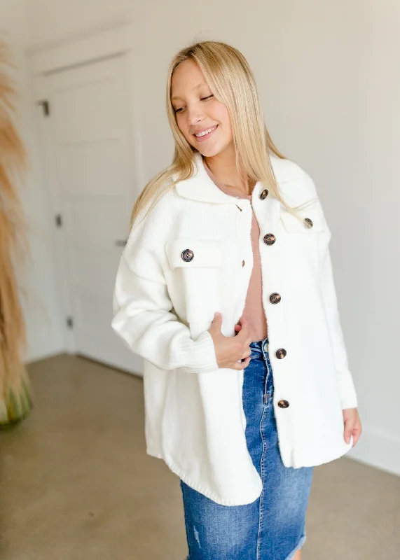 Ivory Button Down Sweater Jacket Zippered Front Buttoned Front Snap Front