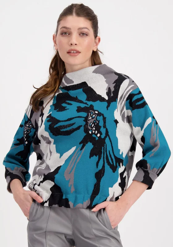 Monari Floral Print Sweater, Teal Multi Striped Floral Plaid