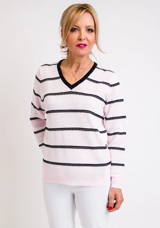 Leon Collection Embossed Stripe V-Neck Jumper, Pink Neon Metallic Matte