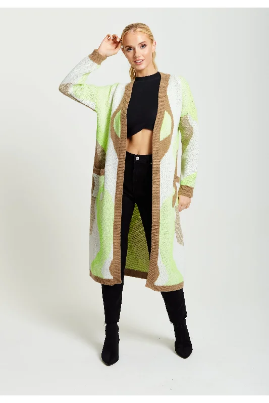 Liquorish Longline Cardigan In Brown, Green And White Cardigan Knitwear Sweater