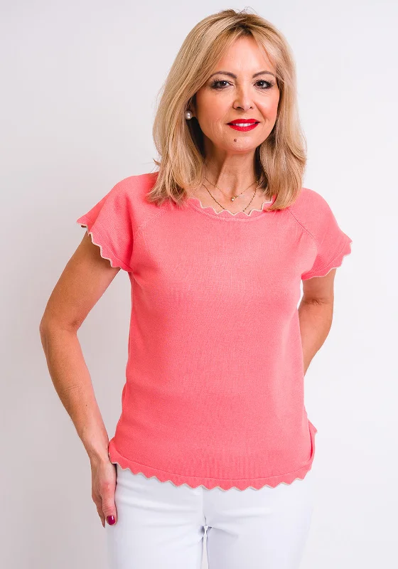 Leon Collection Scallop Trim Short Sleeve Jumper, Coral Mesh Blend Leather Blend Suede Blend