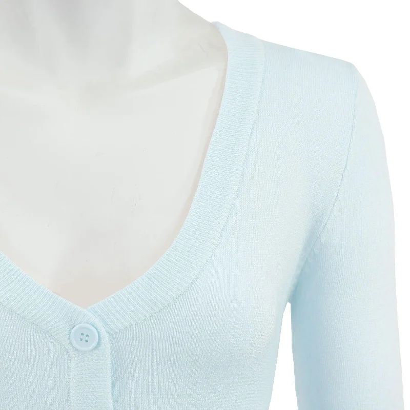 Yemak Cropped Bolero Cardigan In Light Blue Zippered Buttoned Snapped