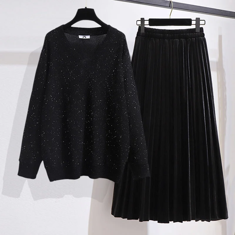 Women's Loose V-neck Sweater and Velvet Skirt Outfit Set Pieces Solid Print Embellished