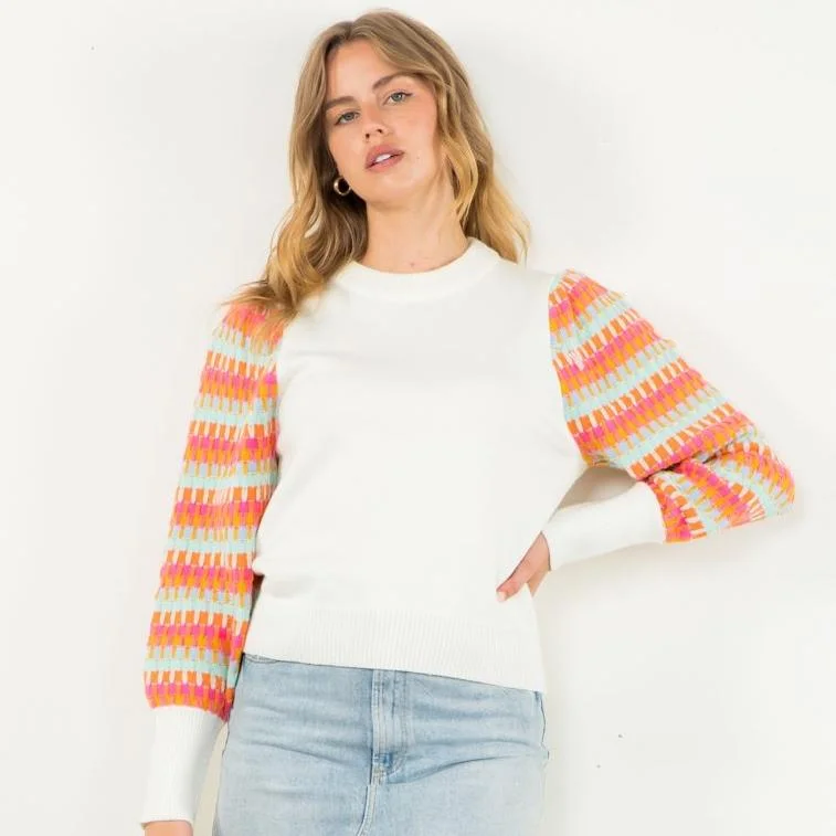 Knitted Bishop Sleeve Sweater- White Solid Color Striped Floral Print