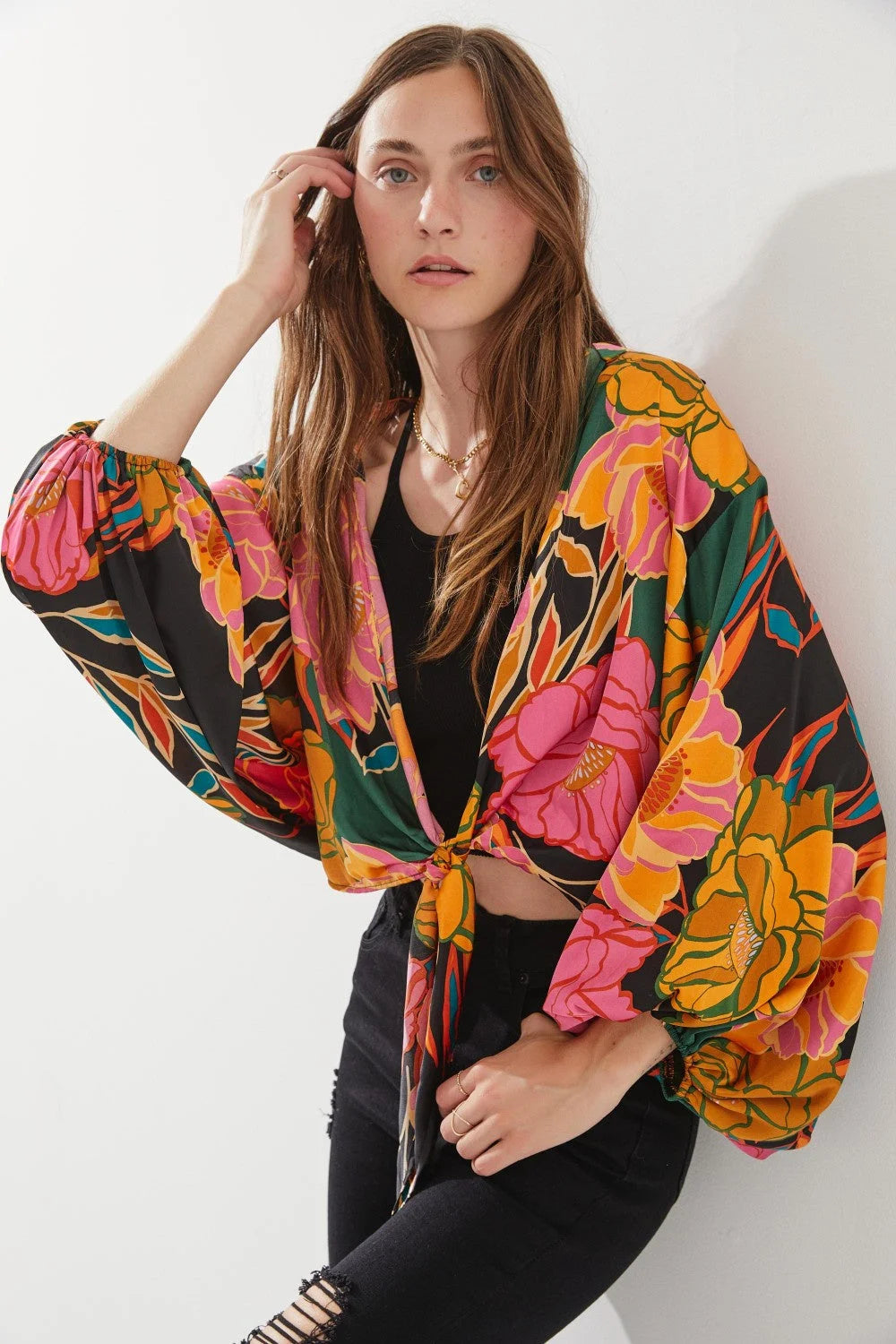 FLORAL PRINT TIE-FRONT CARDIGAN Zippered Buttoned Snapped