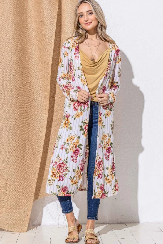 Blue Zone Planet |  And The Why Floral Kimono Open Front Longline Cardigan Neon metallic Matte