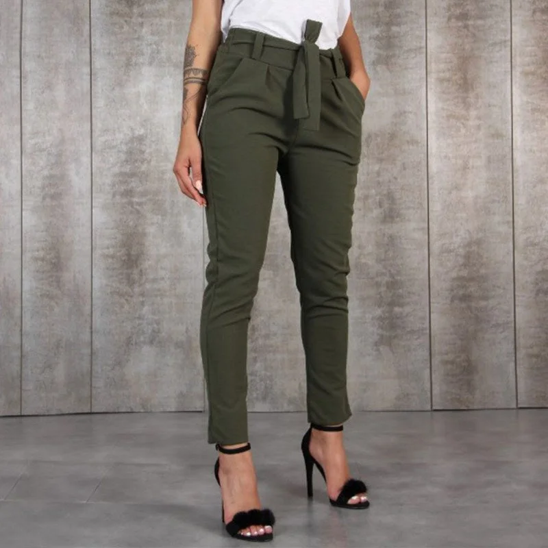 Women Wild Summer Cotton Casual Stretch Sashes Ankle-Length Trousers Elastic Mid Waist Loose Straight Pencil Pants with Belt Trousers Gym Athletic