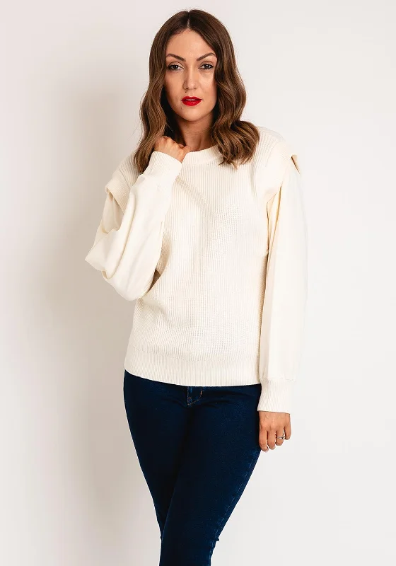 YAYA Round Neck Jersey Sleeve Rib Knit Sweater, Off-White Soft Cozy Warm