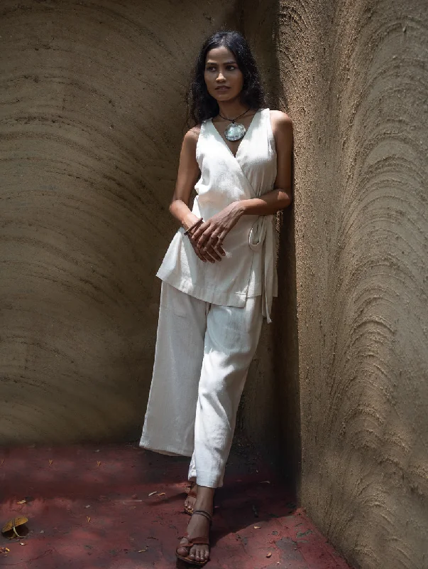 Organic Kala Cotton Wrap Top & Pants Set - Cream Elegance High-Waisted Sale,