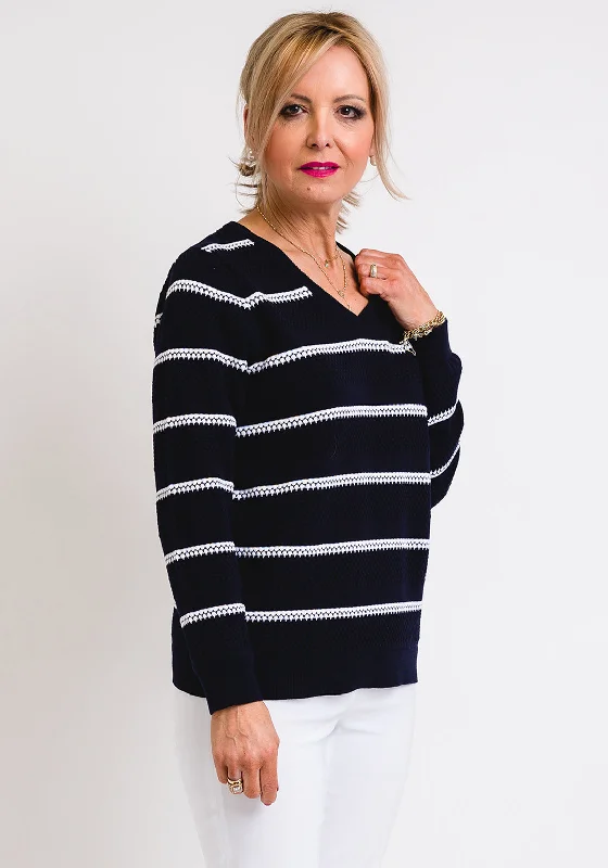 Leon Collection Embossed Stripe V-Neck Jumper, Navy Velvet Chenille Corduroy