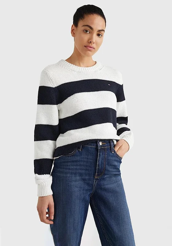 Tommy Hilfiger Womens Stripe Knit Jumper, Navy & White Herringbone Houndstooth Plaid