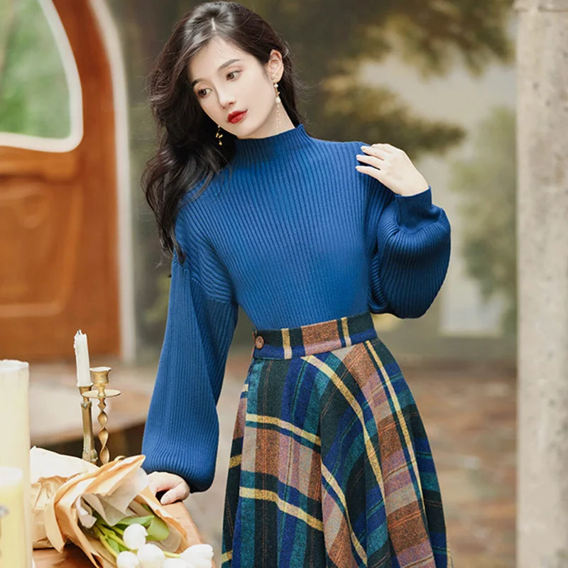 Women's Retro Elegant Blue Turtleneck Knit Sweater and Plaid Swing Skirt Outfit Set Mesh Fabric Canvas Fabric Denim Fabric