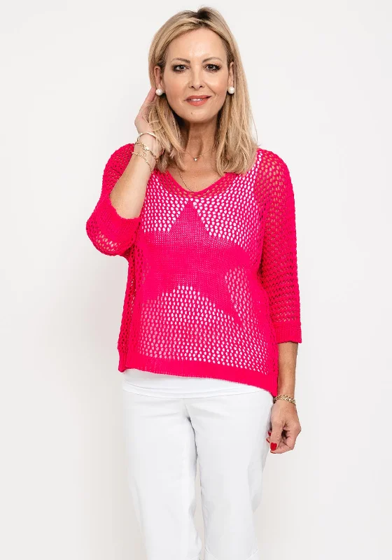 Seventy1 One Size Crochet Star Knit Jumper, Cerise Elegant Classic Vintage