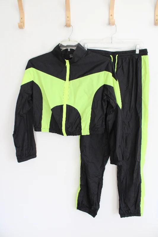 Shein Black & Neon Green Cropped Jacket & Pants Tracksuit Set | L Wool Fabric Cashmere Fabric Tweed Fabric