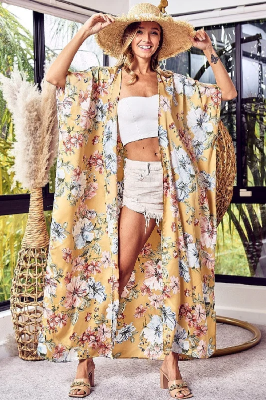 BiBi Floral Side Slit Longline Cardigan Satin Blend Silk Blend Wool Blend