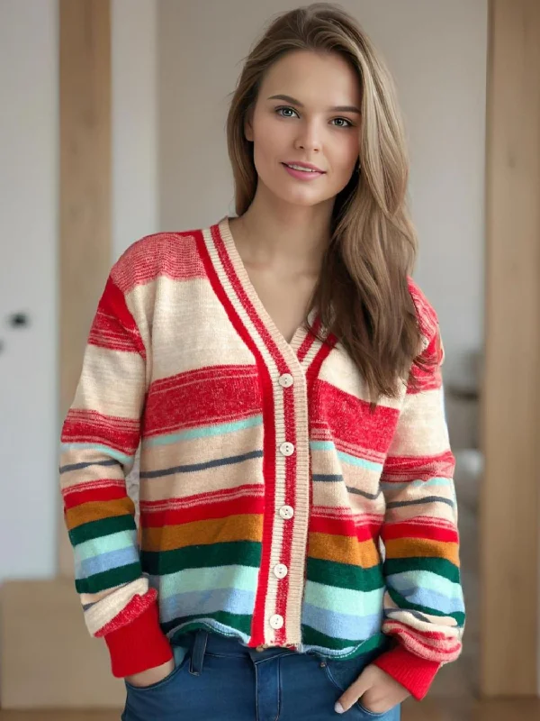 Hazel Blues® |  Striped Button Down V-Neck Long Sleeve Cardigan Patchwork Embroidered Appliqued