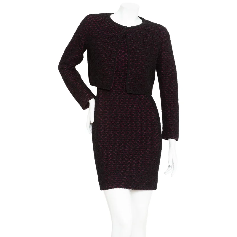 Black and Purple Wool-Blend Knit Dress and Cardigan Two-Piece Set Open Front Closed Front Wrap Front