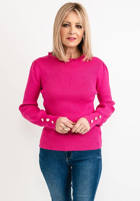 Seventy1 One Size Frill Neck Knit Jumper, Fuchsia Zippered Buttoned Snapped