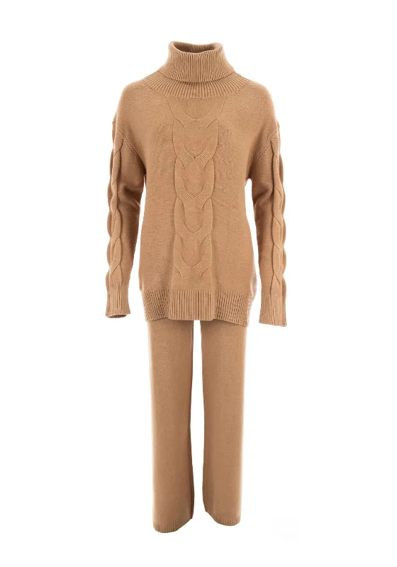 Malissa J Roll One Size Neck Cable Knit Jumper and Trousers, Camel Beaded Sweater Sequined Faux Fur