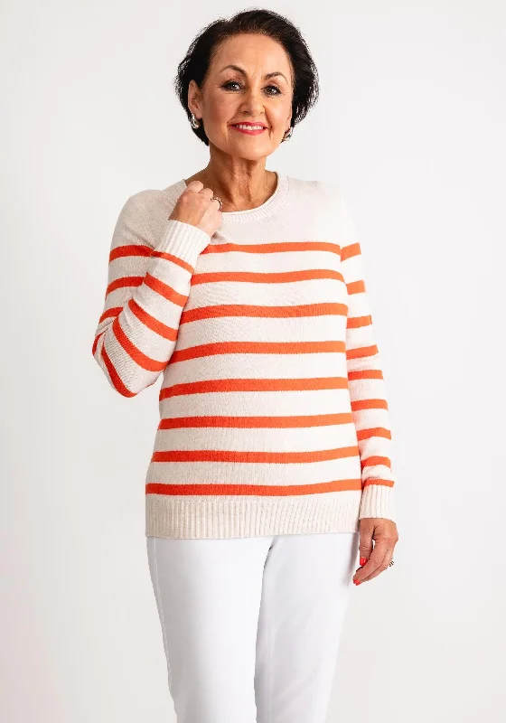 Olsen Henny Striped Round Neck Jumper, Beige and Orange Stretchy Elastic Breathable