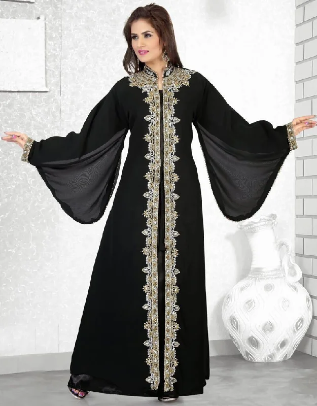 Divine Faux Georgette Bell Sleeves Jacket Style Kaftan A-Line Jacket Boat Neck Shawl Collar