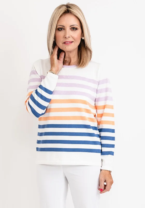 Micha Fine Knit Striped Sweater, White Multi Spandex Blend Rayon Blend Denim Blend