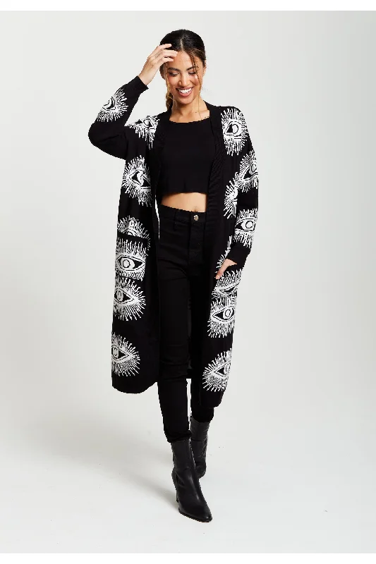 Liquorish Eye Pattern Longline Cardigan In Black Wool Cardigan Cotton Cardigan Cashmere Cardigan