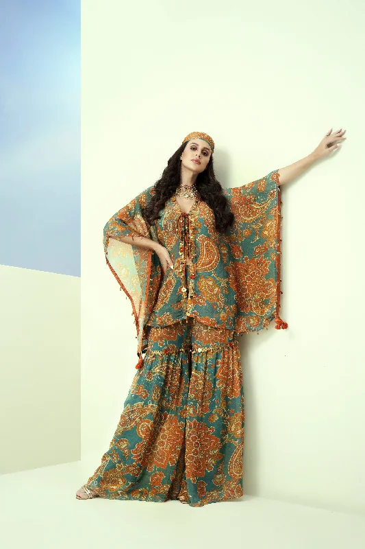 Blue Printed Organza Kaftan & Sharara Pant Best Seller Pants,