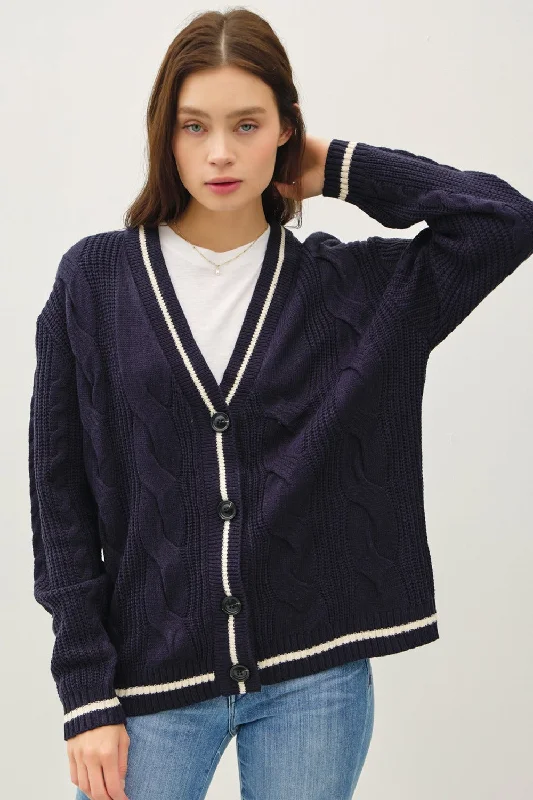 Hazel Blues® |  Be Cool Contrast Trim Cable-Knit V-Neck Cardigan Crew Neck V-Neck Turtle Neck