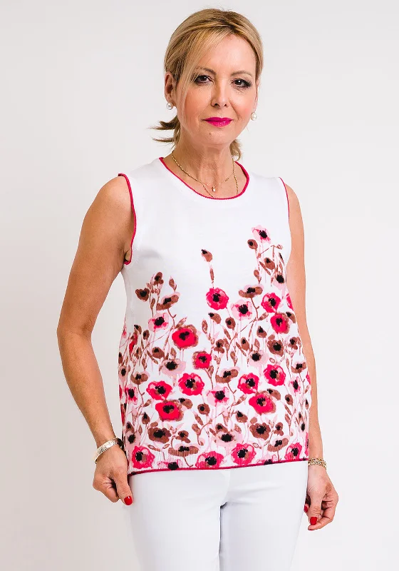 Leon Collection Floral Sleeveless Jumper, White & Pink Ribbed Striped Patterned