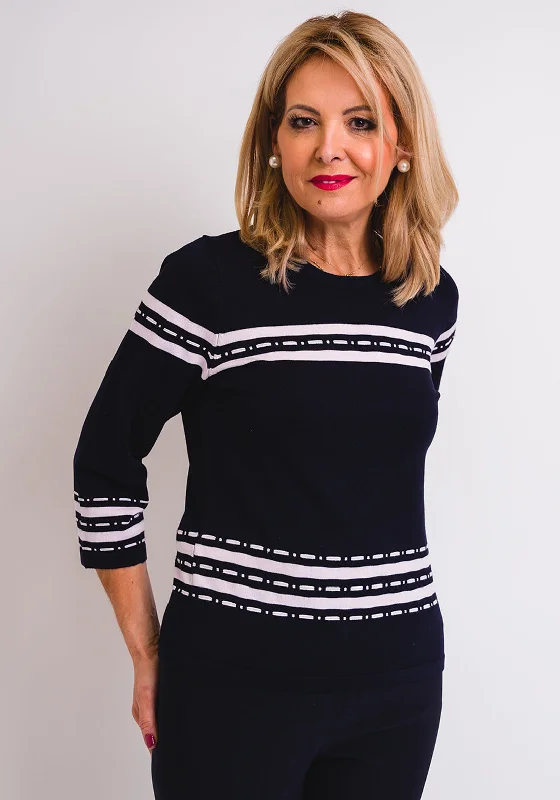 Leon Collection Stitch & Stripe Print Jumper, Navy Satin Blend Silk Blend Wool Blend