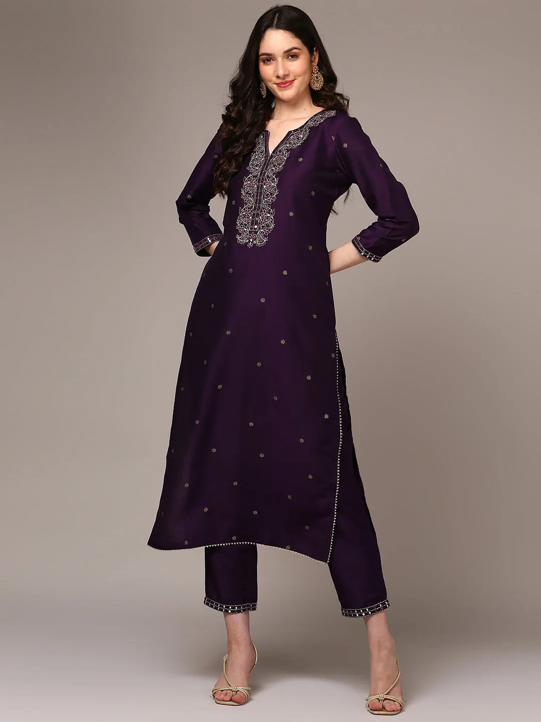 Ahika Women Purple Silk Blend Embroidered Straight Kurta Trouser VKSET1441 Trousers Low Rise Relaxed