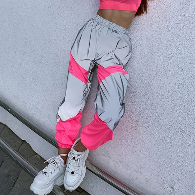 OMSJ Autumn Winter Loose Hight Waist Flash Reflective Patchwork Jogger Pants 2019 Women Neon Streetwear Outfits Cargo Trousers Trousers Running Lightweight