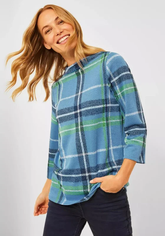 Cecil High Neck Checked Sweater, Dusk Sky Blue Stretchy Elastic Breathable