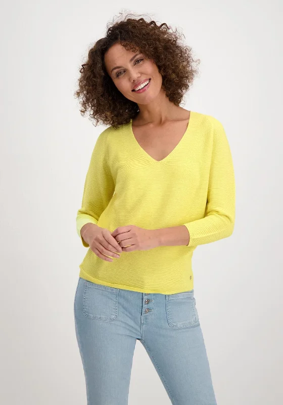 Monari Ribbed V Neck Light Jumper, Yellow Handmade Hand-knitted Hand-woven