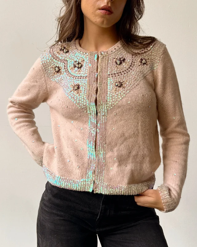 Blush Sequin Silk & Angora Blend Button Front Cardigan - M Satin Fabric Silk Fabric Chiffon Fabric