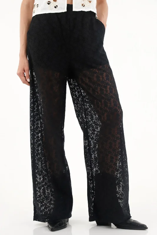 Women's Black Lace Straight Pants Comfort Wide-Leg,