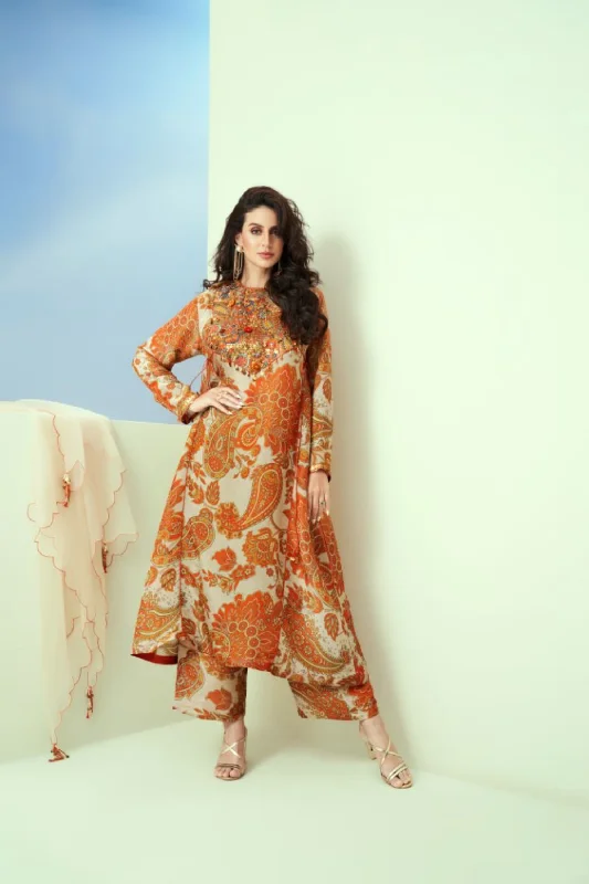 Off White Printed Tissue Yoke Emb. Panel Kurta Pants (Without Dupatta) Clearance Leggings,