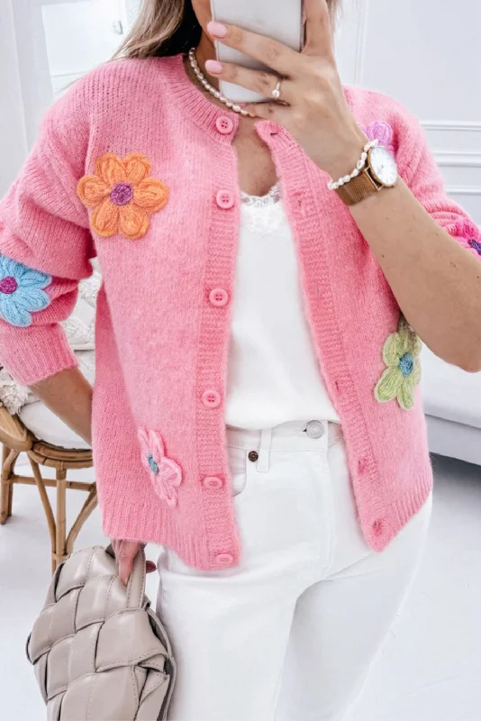 Blue Zone Planet |  Pink Cute Knitted Floral Pattern Button Up Cardigan Sequined Glittery Shiny