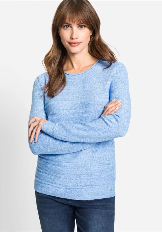 Olsen Ribbed Line Knit Sweater, Dusty Blue Front Pockets Side Pockets Patch Pockets