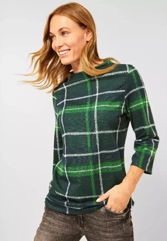 Cecil High Neck Checked Sweater, Ponderosa Pine Green Lightweight Heavyweight Midweight