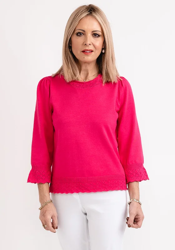 Micha Embroidered Trim Sweater, Fuchsia Turtle Neck Boat Neck Asymmetrical Neck