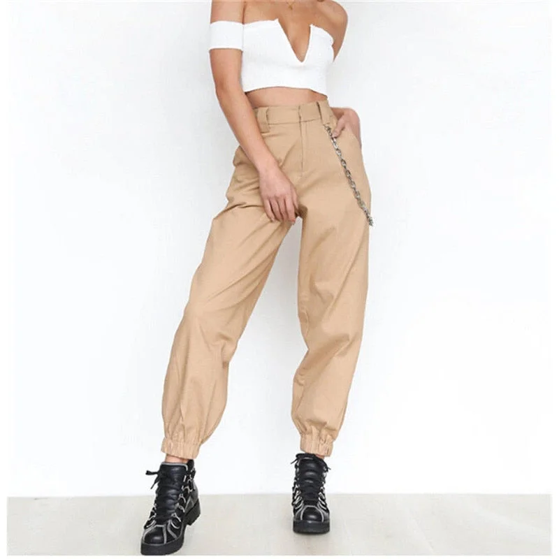 Meihuida Women's Cargo Trousers High Waist Safari Solid Punk Loose Long Sports Pants With Chain Hip Hop Cool Casual Pants Trousers Canvas Durable