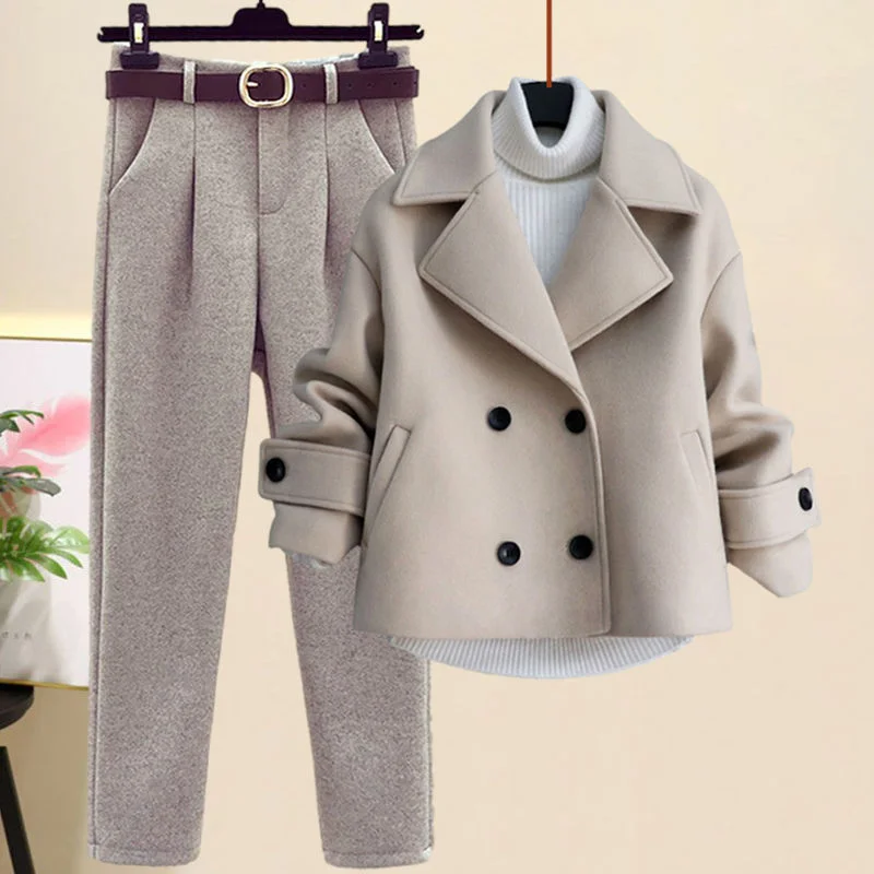 Women's Casual Woolen Coat, Sweater and Pants Three Piece Outfit Set Wool Fabric Cashmere Fabric Tweed Fabric