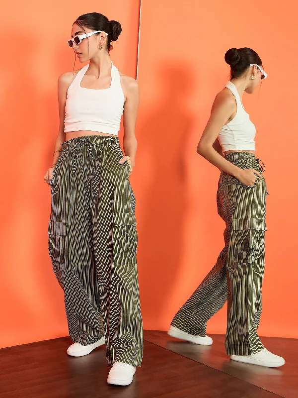 Striped Cargo Trousers with Elasticated Waistband Trousers Floral Bohemian