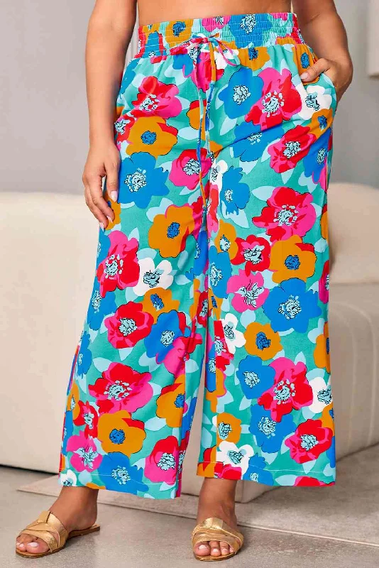 Plus Size Floral Drawstring Wide Leg Pants with Pockets Clearance High-Waisted,