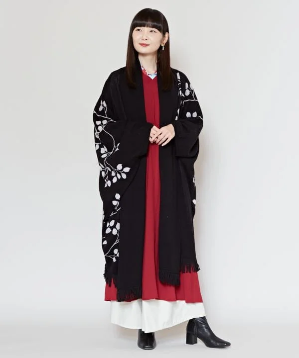 HUYUNOME - Long Knit Haori Cardigan Houndstooth Herringbone Solid